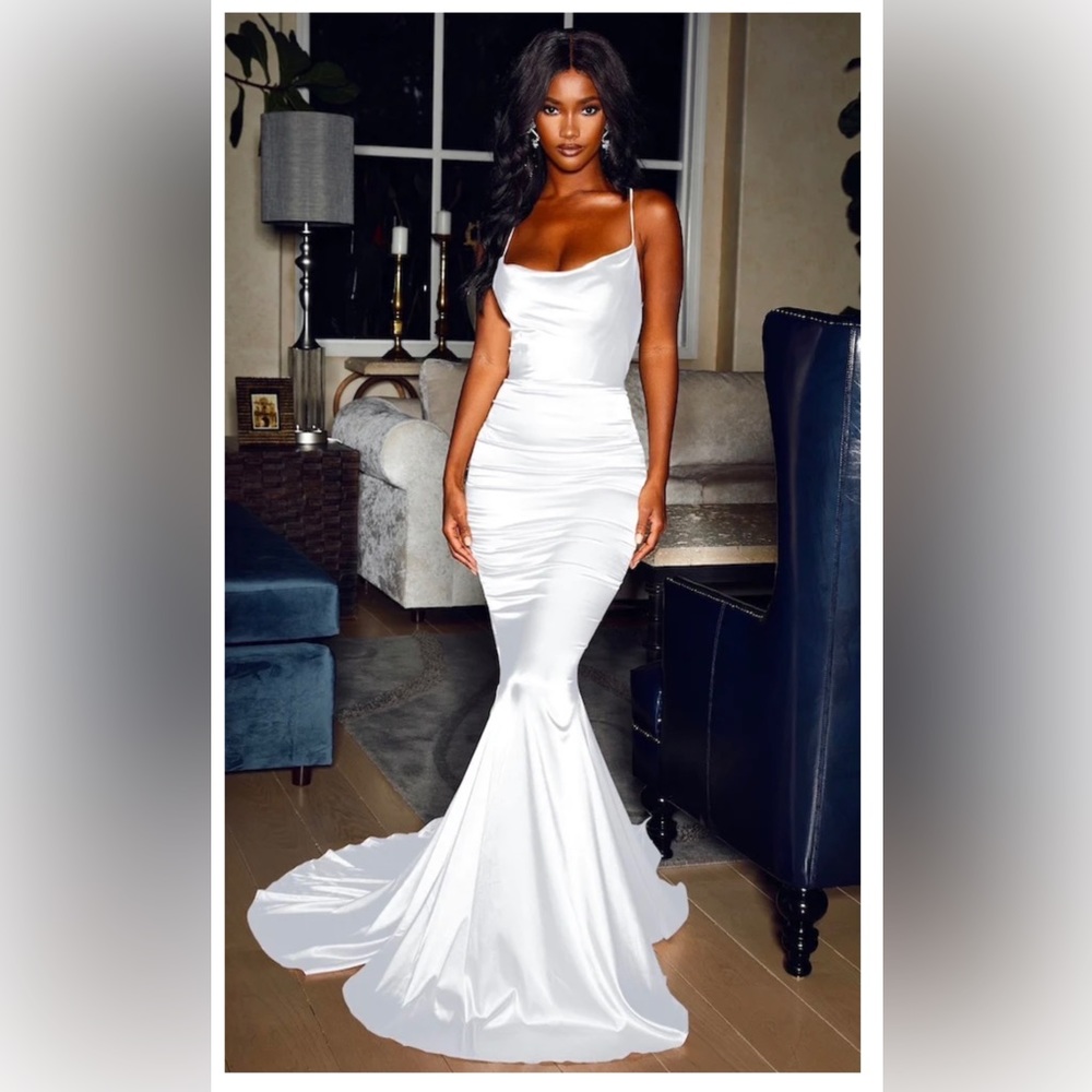 White satin dress for any special occasion. Very sexy and beautiful!